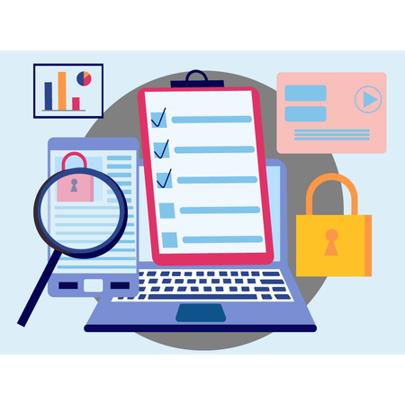 A lista de verificação para proteção de conta é exibida no laptop  Ilustração