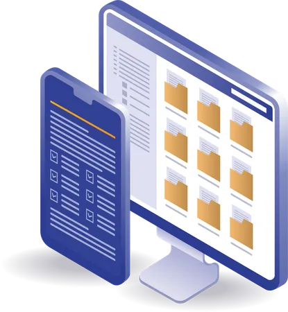 Lista de verificación de teléfonos inteligentes, carpeta de datos de computadora, tecnología  Ilustración