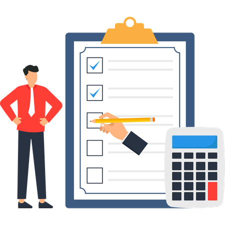 Hombre de negocios trabajando en una lista de verificación empresarial  Ilustración