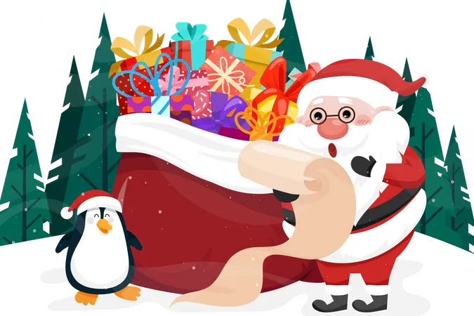 Nom de la liste de contrôle du Père Noël et des pingouins avec boîte prédéfinie  Illustration