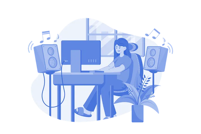 Listening To Music While Doing Work From Home Illustration