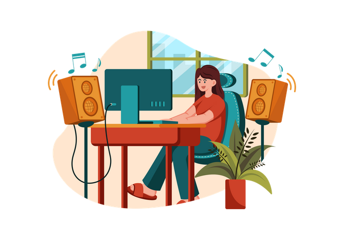 Listening to music while doing work from home  Illustration