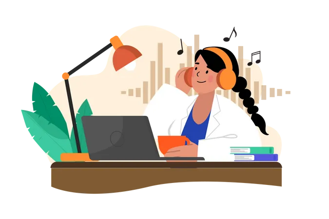 Listening to music while doing work from home Illustration