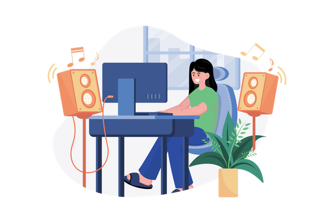 Listening to music while doing work from home Illustration