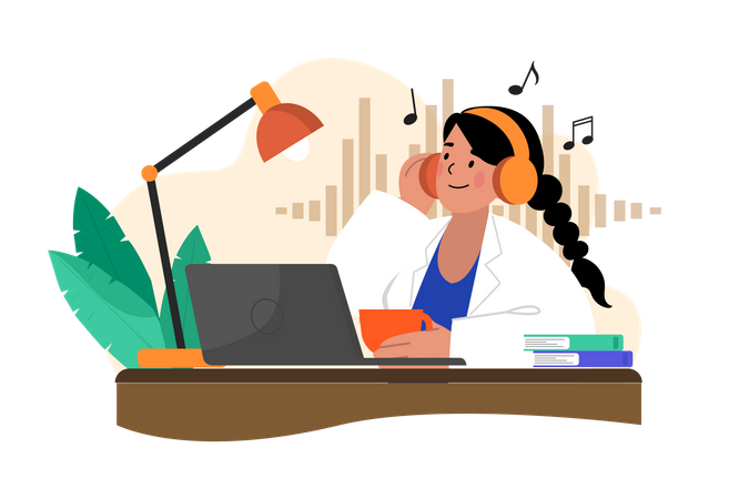 Listening to music while doing work from home  Illustration