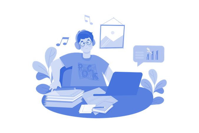 Listening To Music While Doing Work From Home  Illustration