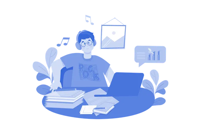 Listening To Music While Doing Work From Home  Illustration