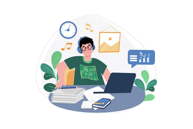 Listening To Music While Doing Work From Home  Illustration