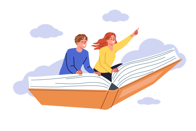 Literatura de fantasia permite que homem e mulher se imaginem viajando e voando pelo céu em um livro gigante  Ilustração