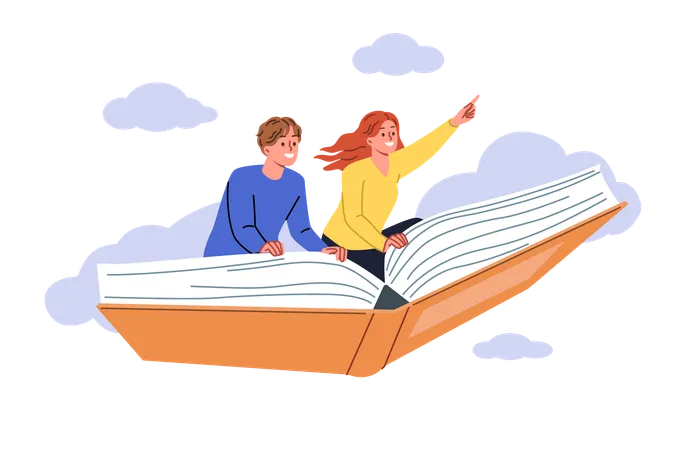 Literatura de fantasia permite que homem e mulher se imaginem viajando e voando pelo céu em um livro gigante  Ilustração