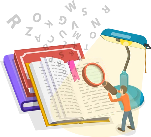 Isometric Flat Vector Concept Of Literature Reading Language Learning Searching Through Dictionary Vocabulary Development Illustration