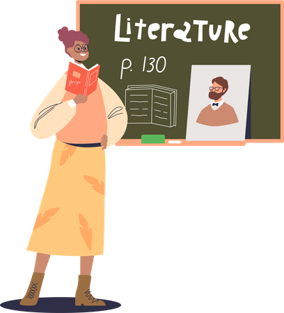 Literature teacher at blackboard explaining reading lesson  イラスト