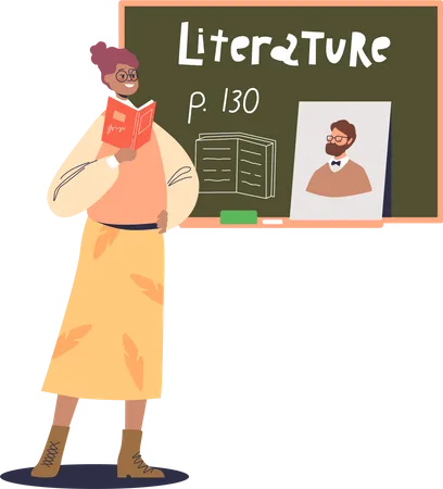 Literature teacher at blackboard explaining reading lesson  Illustration