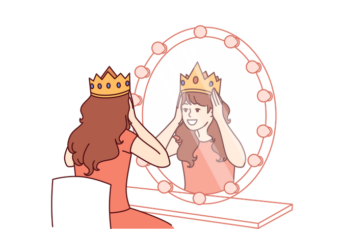 Little actress tries on crown sitting near mirror and dreams of playing role of princess on theater  イラスト
