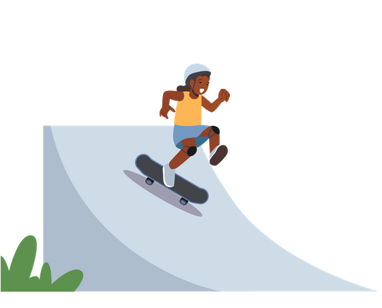 Little African Girl Rolling on Skateboard  Illustration