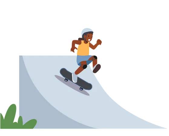 Little African Girl Rolling On Skateboard Kid Character Perform Stunts In Rollerdrome Stylish Preteen Skating Jumping On High Speed On Board Skateboarding Activity Cartoon Vector Illustration Illustration