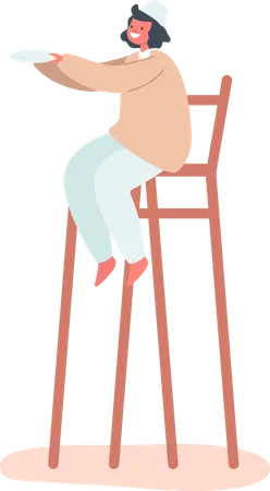 Little Arab Boy Sitting on High Stool and Holding Plate in Hands Illustration