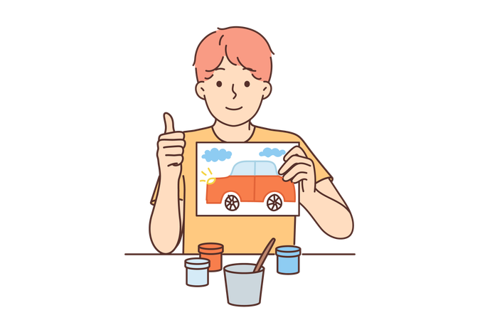 Little artist boy is holding car drawing  Illustration