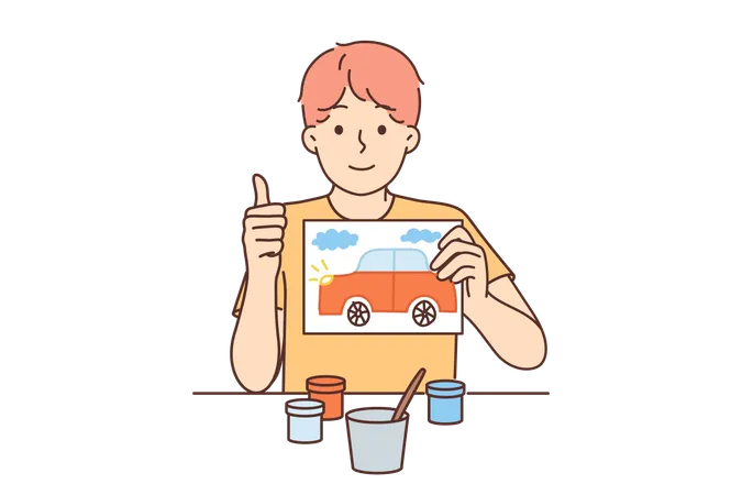 Little artist boy is holding car drawing  Illustration