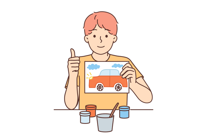Little artist boy is holding car drawing  イラスト