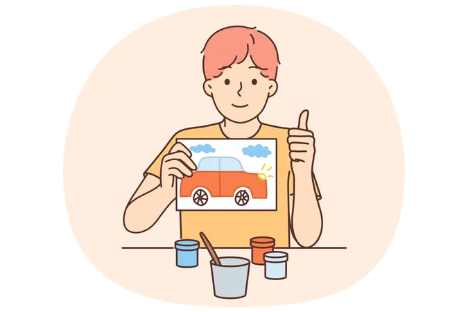 Little artist boy with drawing in hands showing thumbs up to giving feedback on new children paints  Illustration