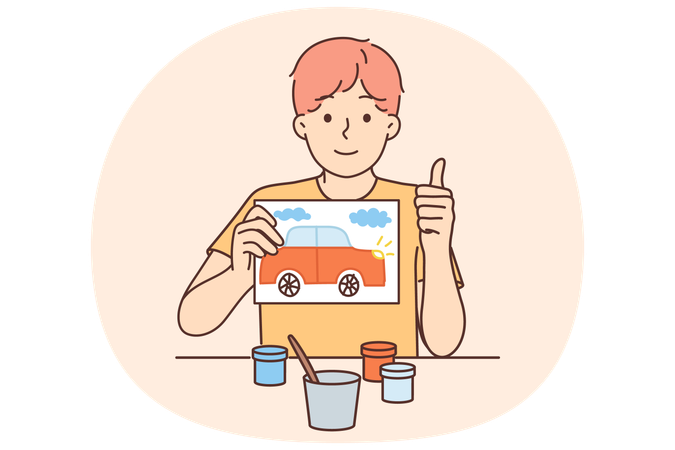 Little artist boy with drawing in hands showing thumbs up to giving feedback on new children paints  Illustration