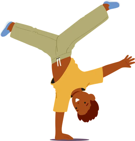 Little athletic boy kid experiencing handstand upside down performing show  Illustration