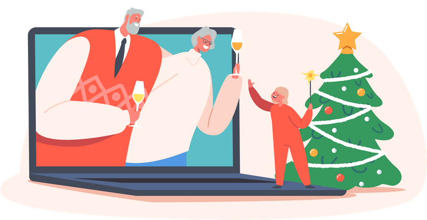 Little Baby Clinking Glass with Grandparents on Laptop Screen Illustration