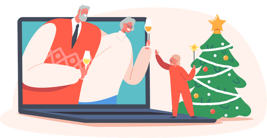 Little Baby Clinking Glass with Grandparents on Laptop Screen  Illustration