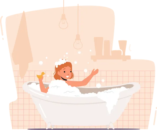 Little Baby Enjoying Bathing in Bathtub Illustration