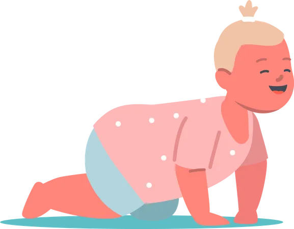 Little Baby Girl in Diapers Crawl on Floor  Illustration