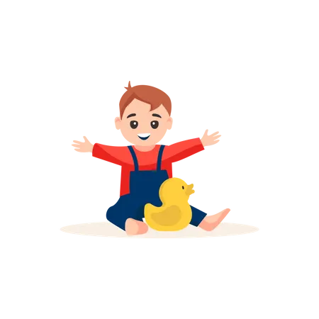 Little baby boy playing with plastic duck  Illustration