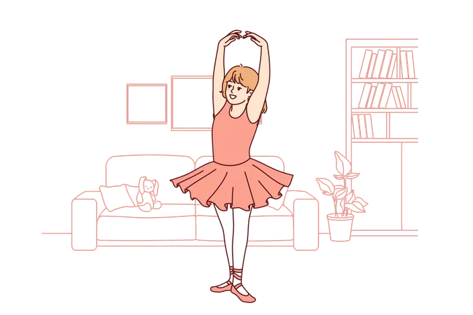 Little Ballerina Dreams Of Ballet And Practices Dancing Standing In Apartment Dressed In Dress And Pointe Shoes Girl Ballerina Stands On Toes Demonstrating Grace That Comes From Regular Training Illustration