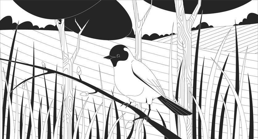 Little bird perched on bud branch in lush grassland  Illustration
