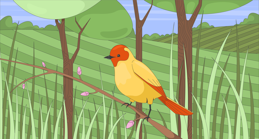 Little bird perched on bud branch in lush grassland  Illustration