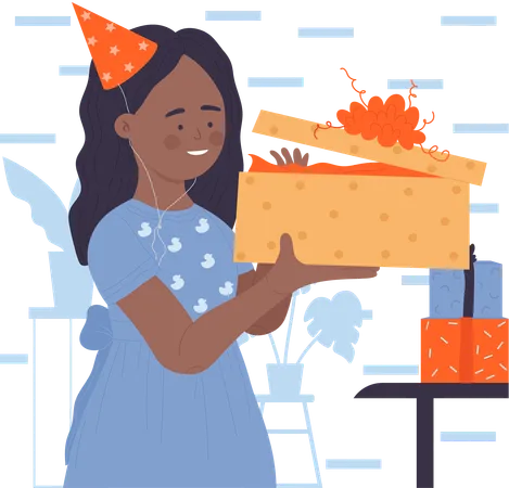 Little Birthday Girl Open Gifts  Illustration