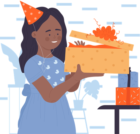 Little Birthday Girl Open Gifts  Illustration