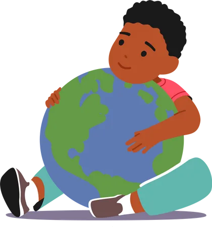Little black baby hugging earth planet Illustration