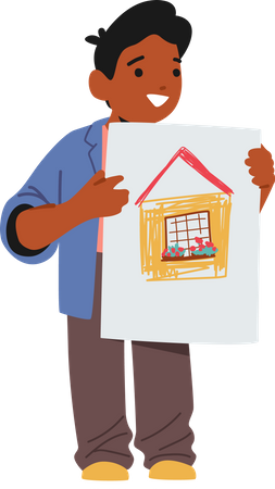 Little Black Boy Holding Drawings of House on Paper  Illustration