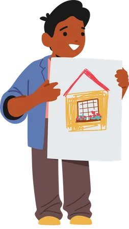 Little Black Boy Holding Drawings Of House On Paper Isolated Child Character Showing Painting Kids Creativity Talents Painting Hobby Or Education Concept Cartoon People Vector Illustration Illustration