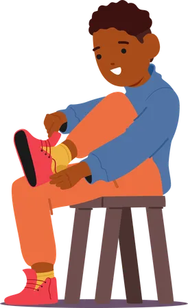 Little Black Boy Character Perched On A Chair Diligently Puts On His Shoes Fingers Fumbling With Laces Determination In His Eyes Ready For The Day Adventures Cartoon People Vector Illustration Illustration