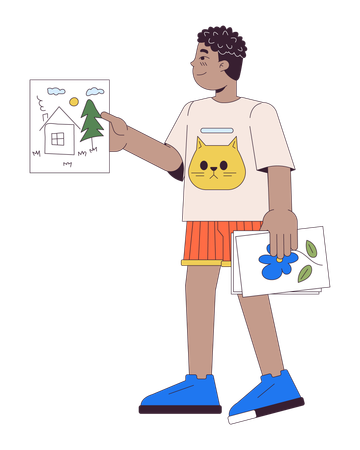 Little black boy showing house painting  Illustration