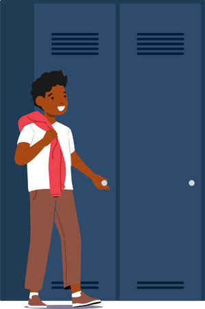 Little black boy standing near the locker Illustration