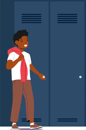 Little black boy standing near the locker Illustration