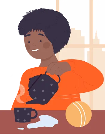 Little black boy with hot coffee  Illustration