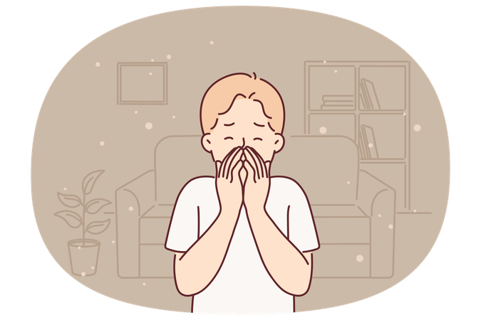 Little boy allergic to dust sneezes and suffers from runny nose standing in untidy room  Illustration