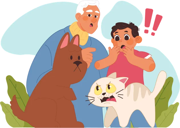 Little boy amazed by cat and dog fight  Illustration