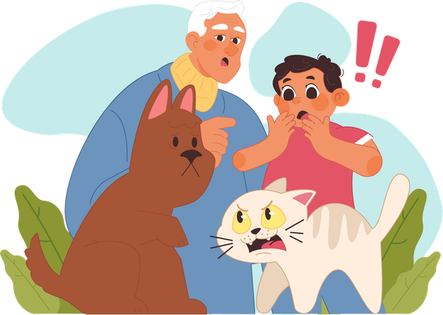 Little boy amazed by cat and dog fight  Illustration