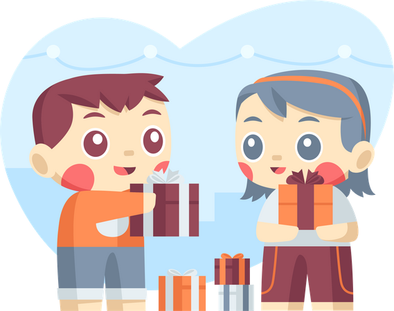 Little boy and girl exchanging New Year Gift  Illustration