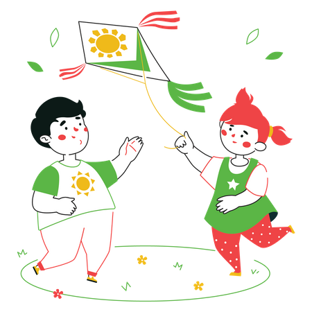 Little boy and girl flying kite Illustration